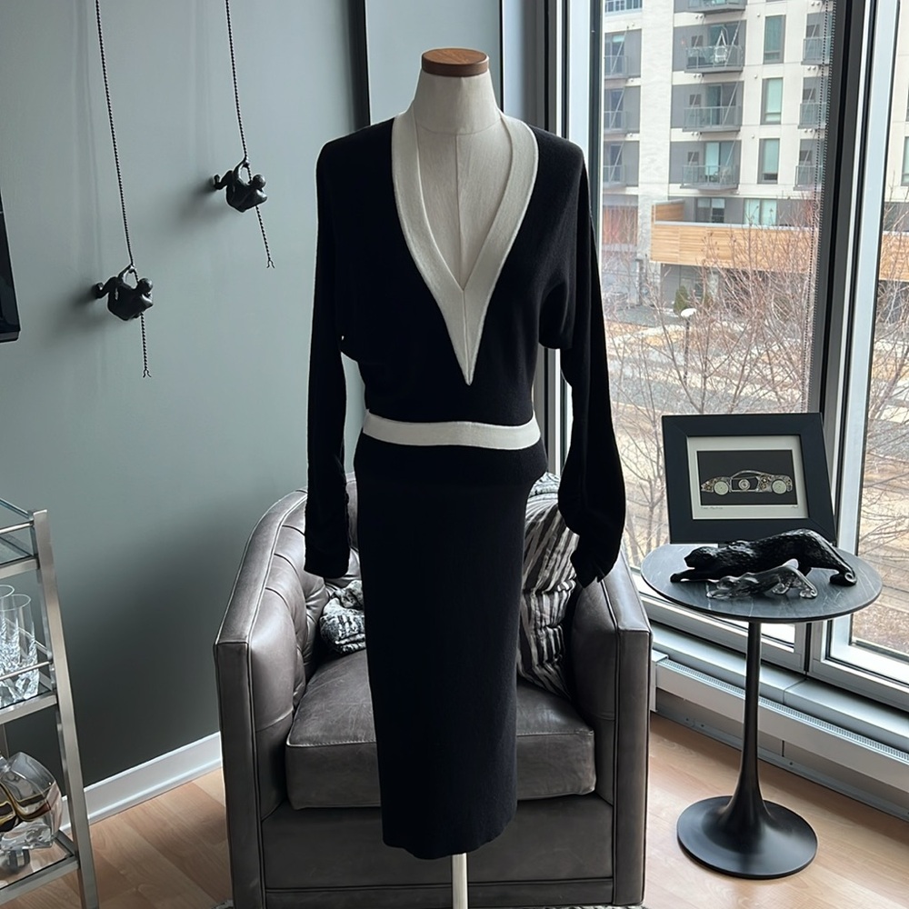 New REISS Knitted Color Block Midi Dress in Black/White Size Small - Picture 2 of 7